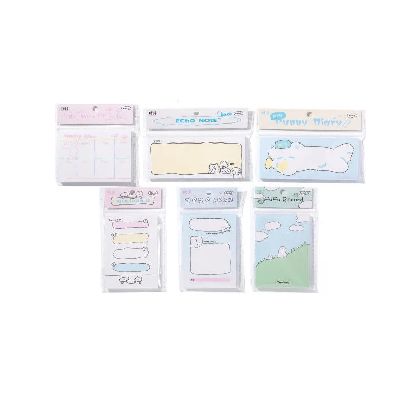 Cartoon sticky note pad with heart-themed designs in six styles including Puppy Diary and Rabbit Weekly Notes.