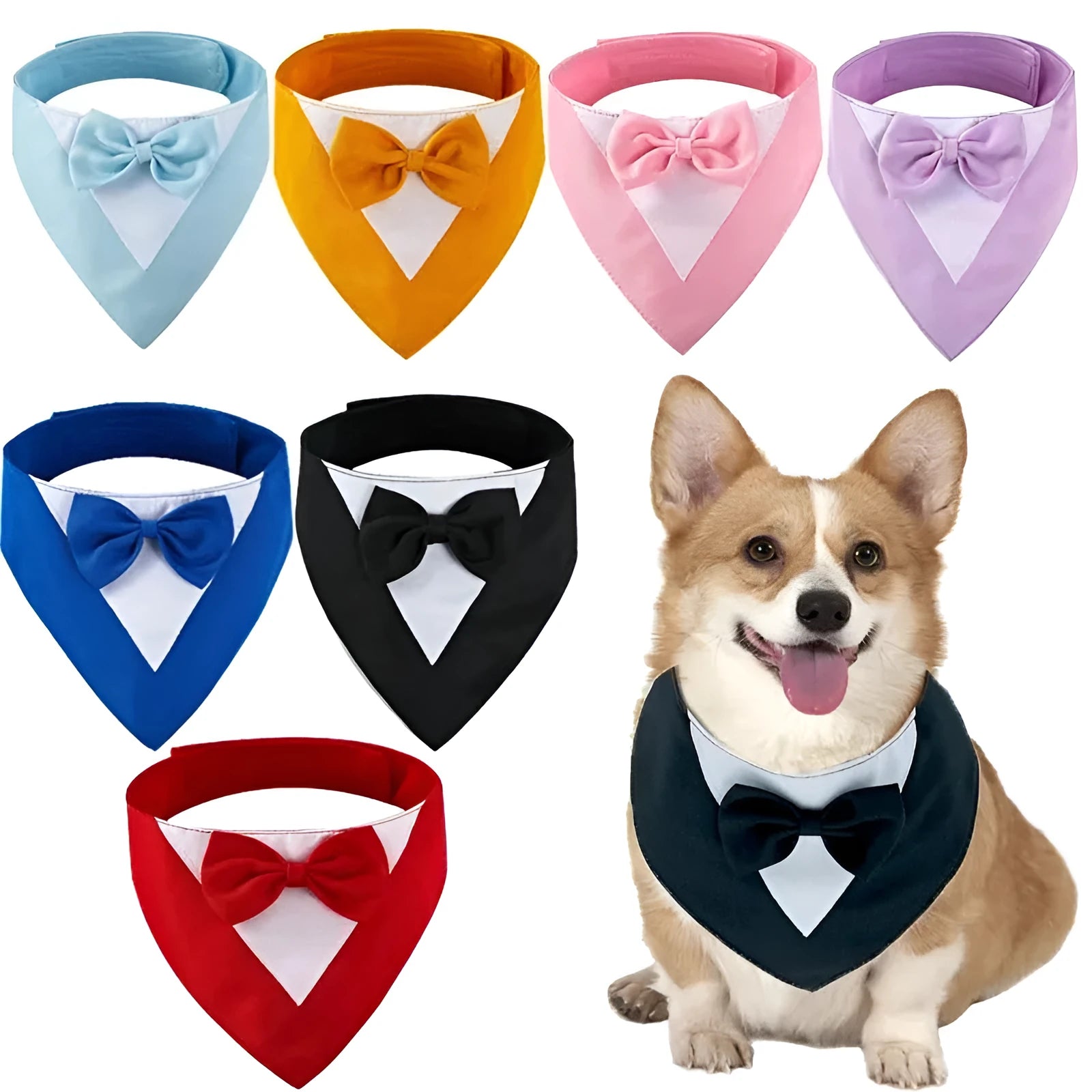 Pet triangle bib bow in eight colours attached to dog collar, with sizes XS 30cm to L 50cm