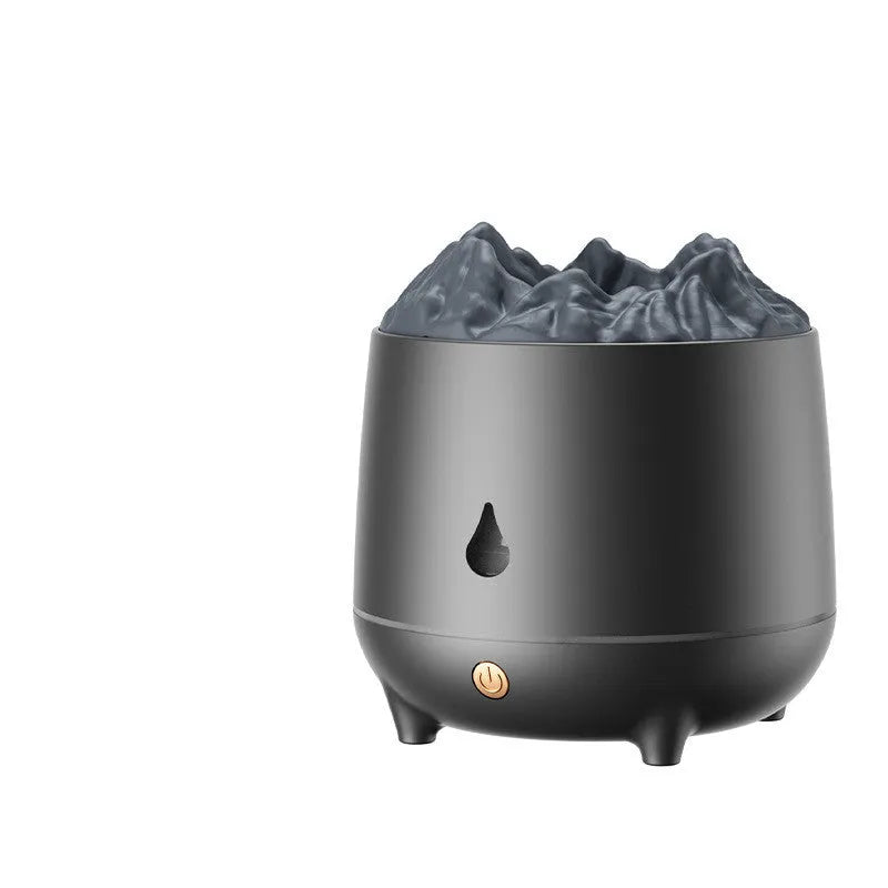 Volcano design humidifier with flaming mountain shape showing fog output from single outlet