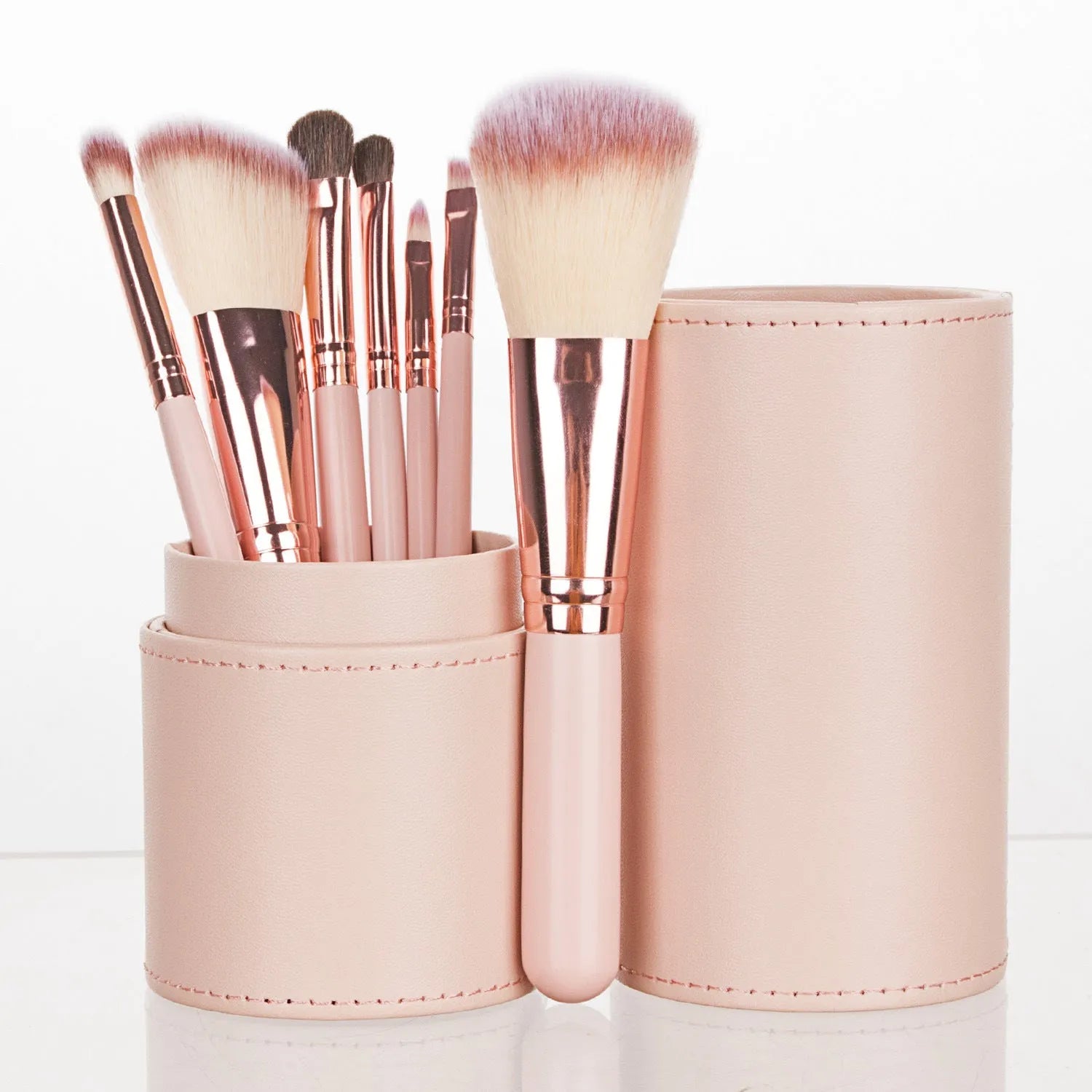 7 piece portable mini makeup brush set with purple bucket and plastic handles