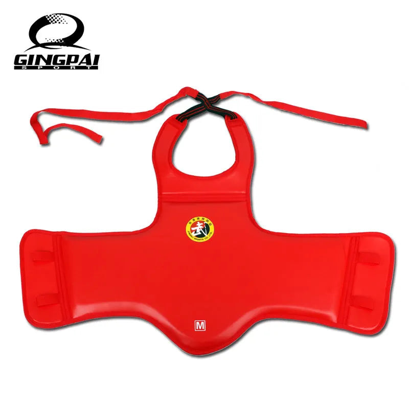 Sanda chest protector in PU material with integrated design, available in red, blue, and black colours for boxing training