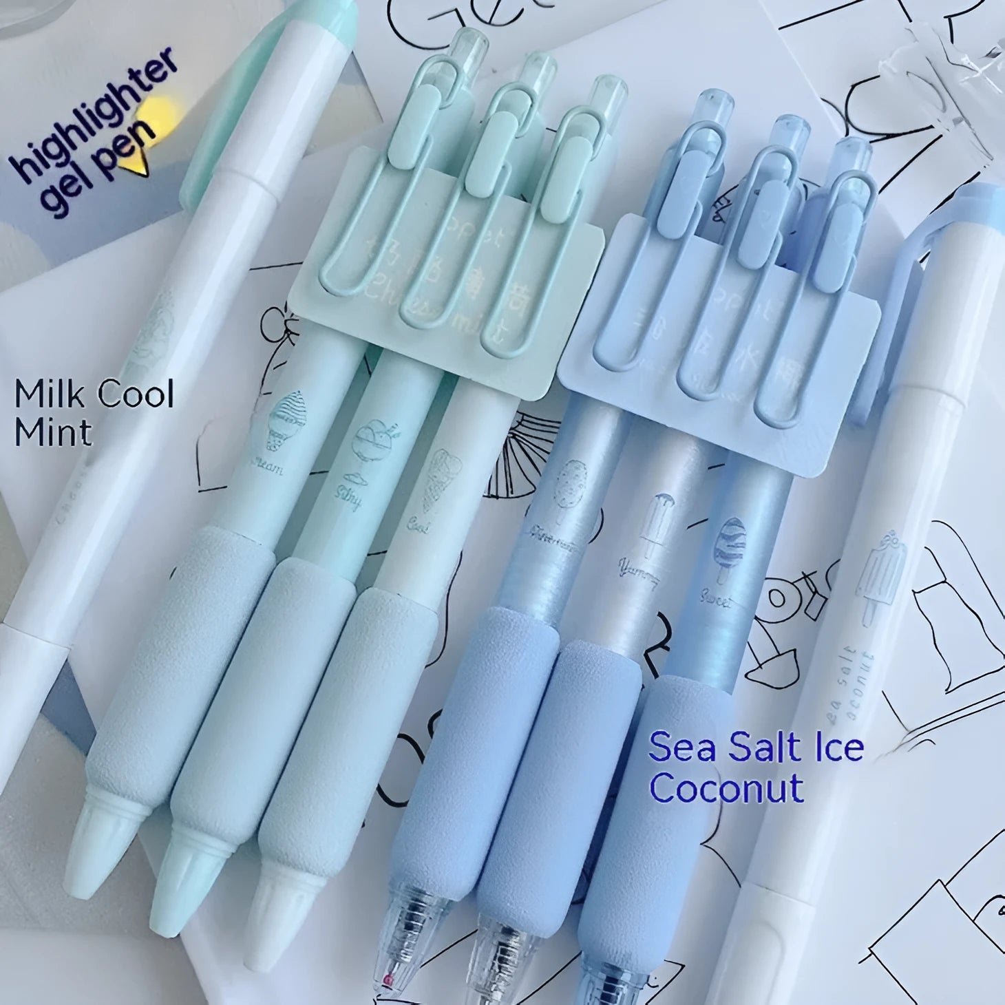 Four double-headed fluorescent pens with 0.5mm tips in cheese mint and sea salt ice cup colours.