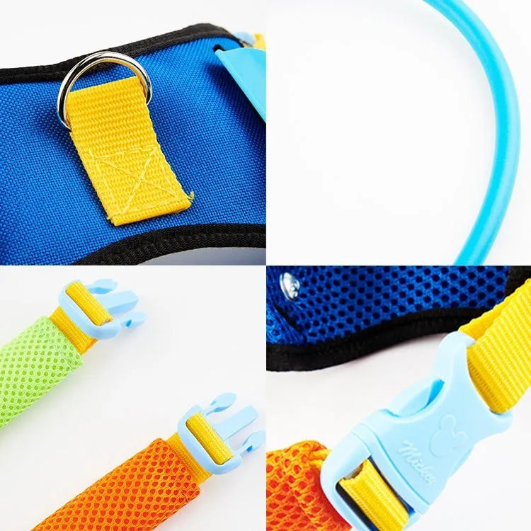 Blue adjustable anti-collision ring or halo for dogs, shown in multiple sizes.