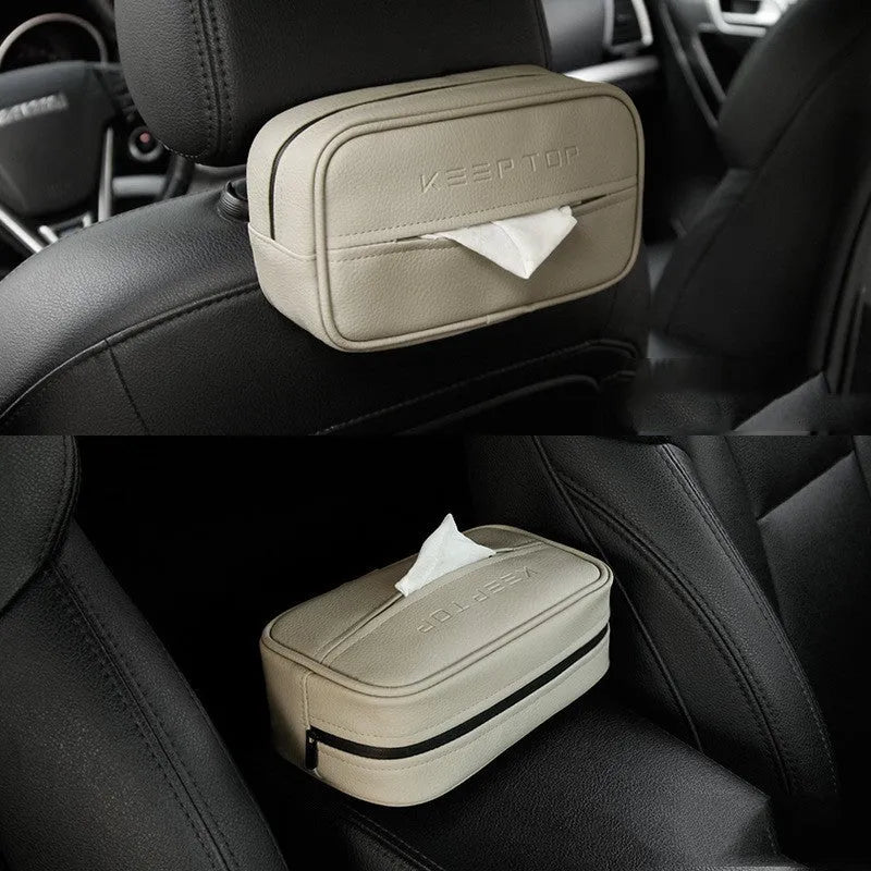 Black leather hanging storage organiser bag with strap for car or home use