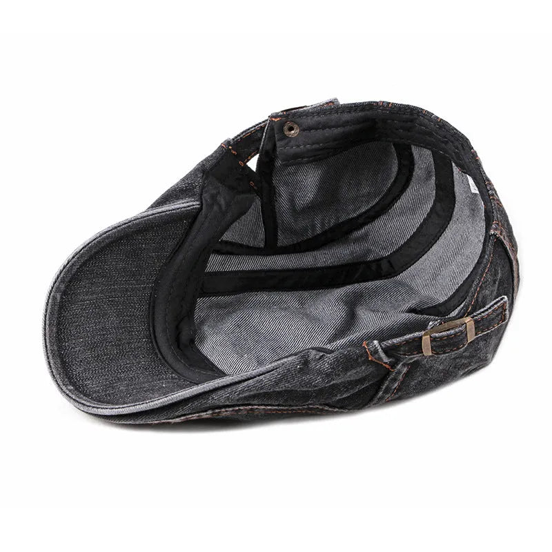 Fashion wash denim beret in black with flat-top crown and curly brim for unisex wear