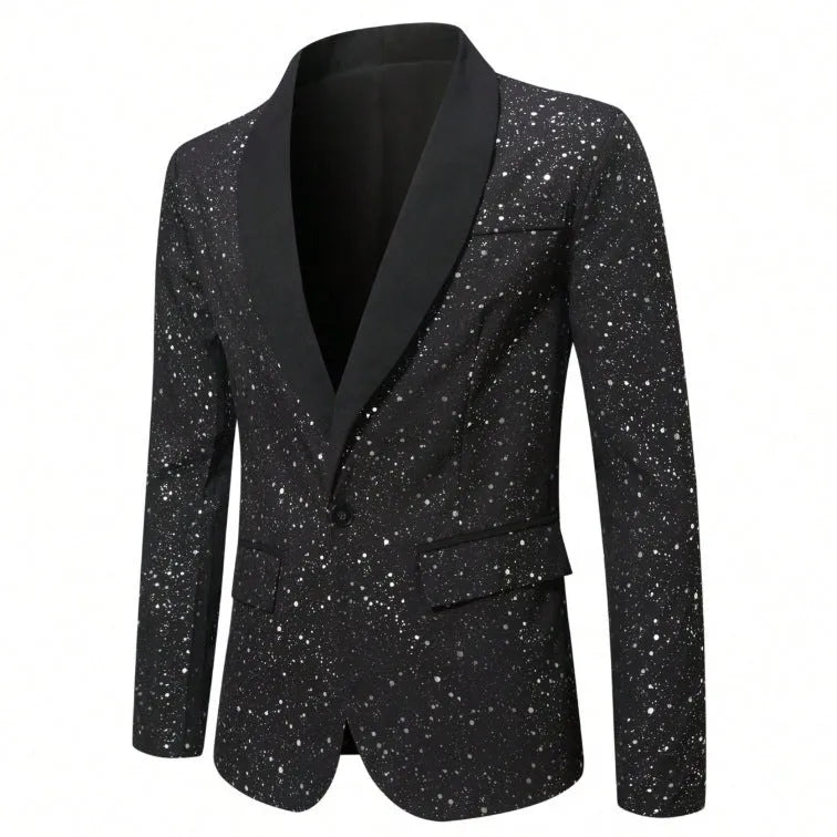 Men's black shiny polyester blazer with straight hem, long sleeves, regular fit, formalwear for weddings and banquets