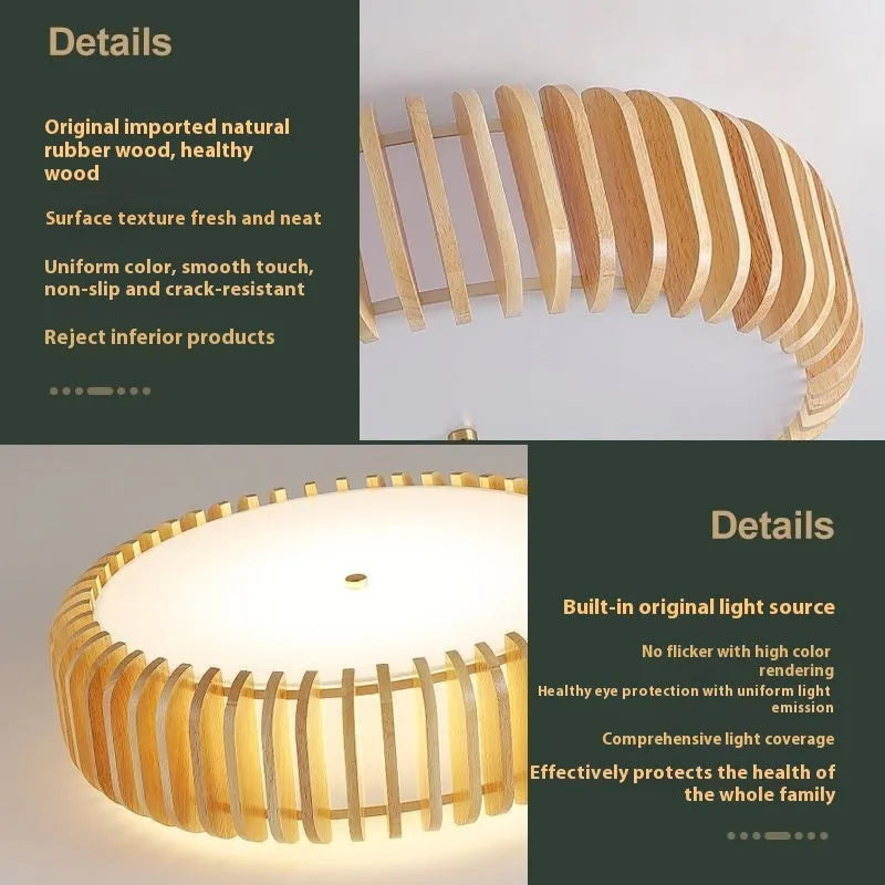 Japanese-style log LED ceiling lamp with three heads, Nordic wood design, 35 cm diameter