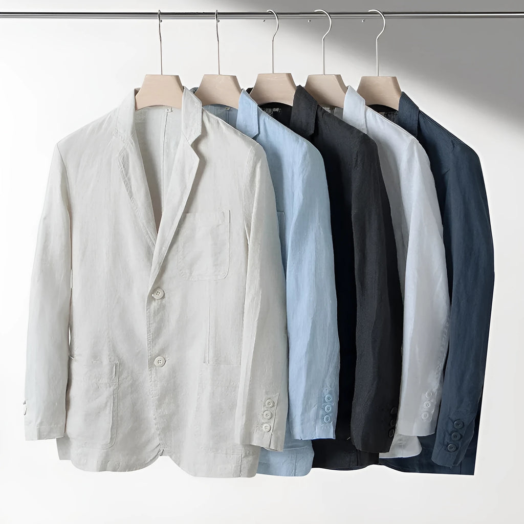 Men's linen casual jacket in solid colour with long sleeves and loose fit
