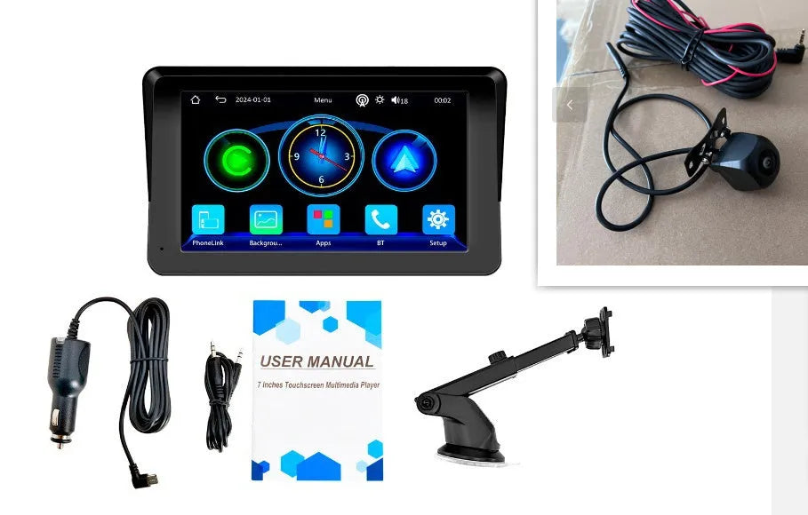 7-inch portable car MP5 player with wireless CarPlay, suction cup mount, and standard fisheye reversing camera
