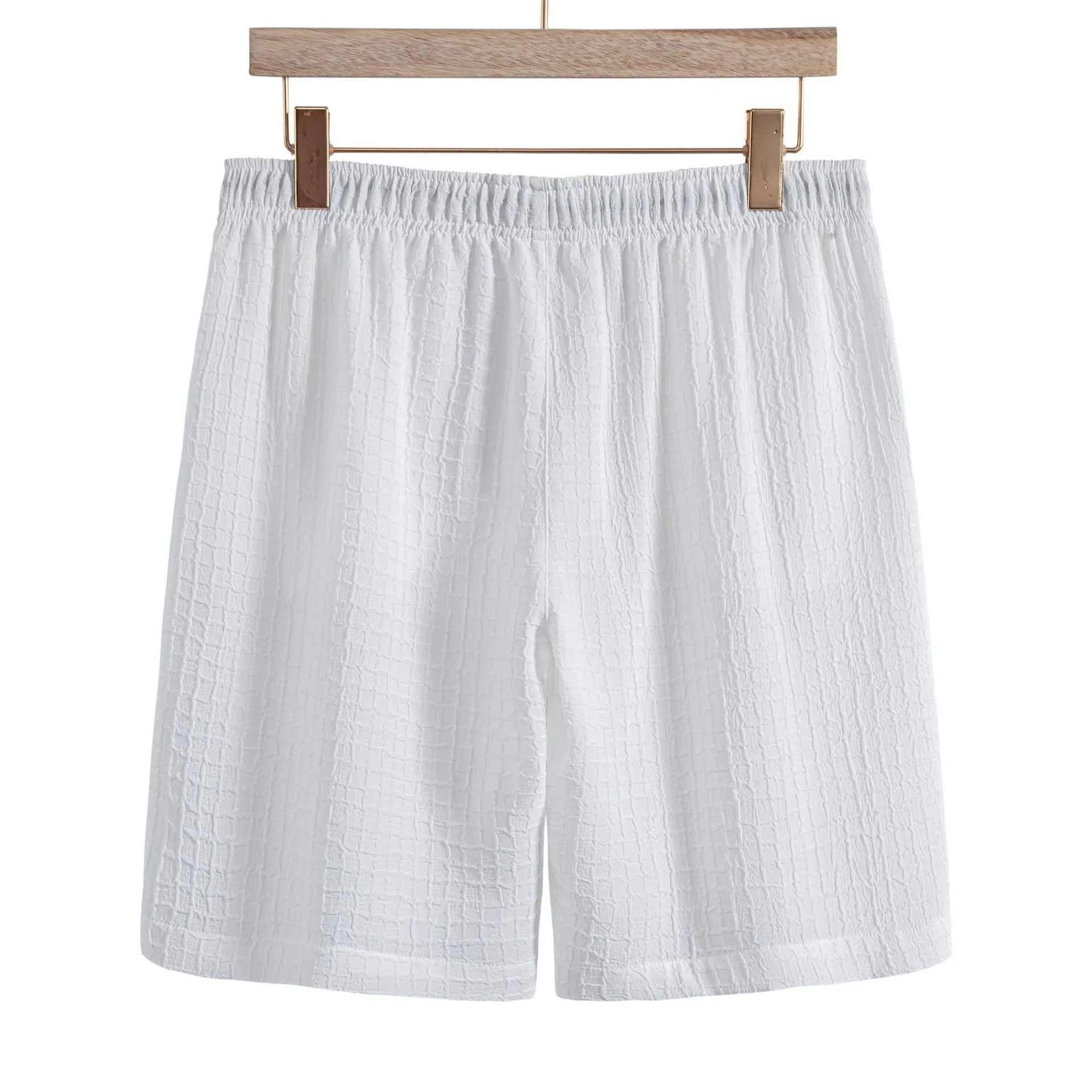 Men's white jacquard short sleeve shirt and shorts casual suit set laid flat