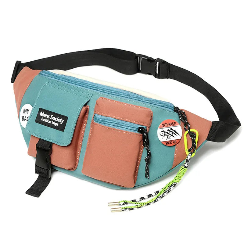 Men's casual crossbody sports canvas waist bag in orange with green lanyard, featuring wear-resistant material and burden-reducing design