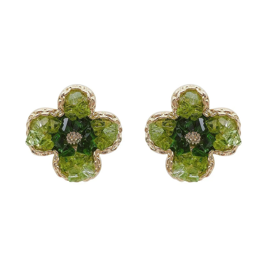 Camellia geometric earrings with crystal inlay on alloy, light luxury style for women