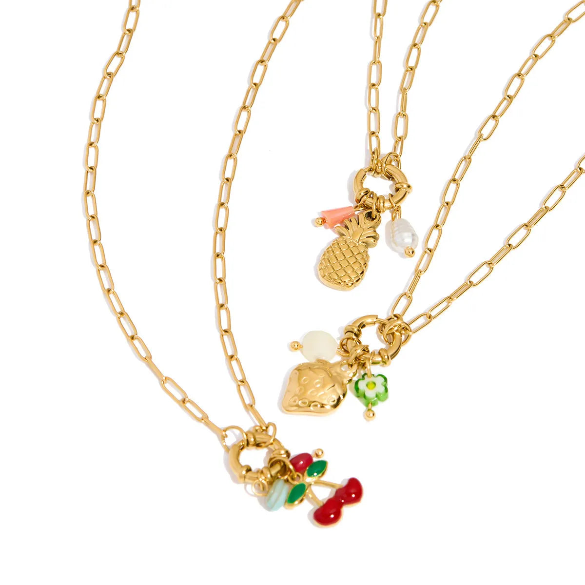 Stainless steel clavicle chain with geometric strawberry-shaped titanium steel pendant in non-fading finish