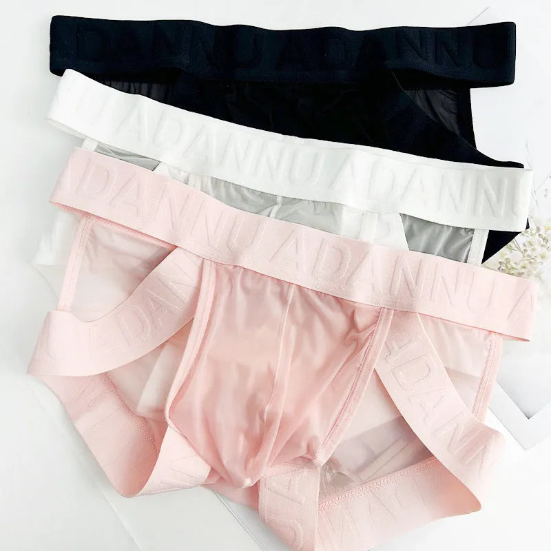 Men's single-layer see-through nylon mesh strap briefs in solid colour, low waist, knitted quick-drying underwear