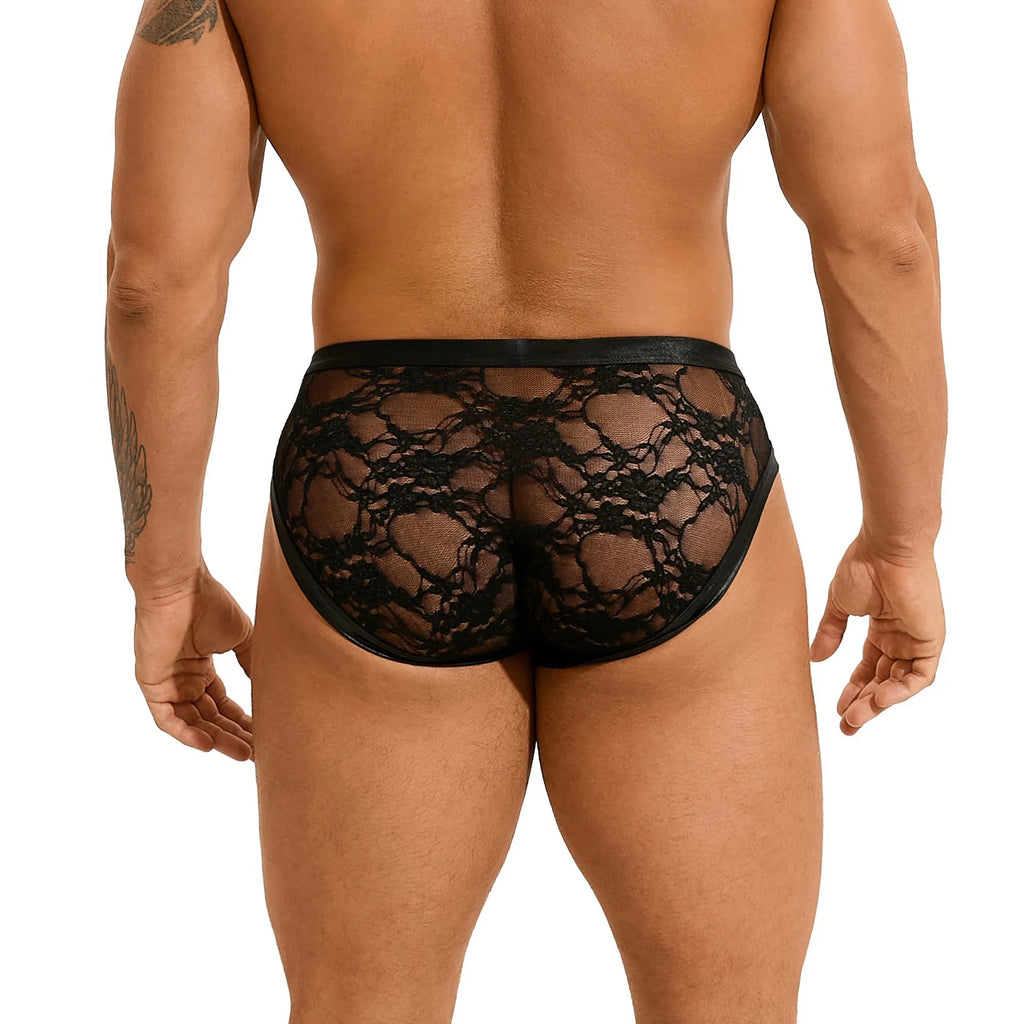 Men's black faux leather briefs with decorative stitching and adjustable side lace-up detailing