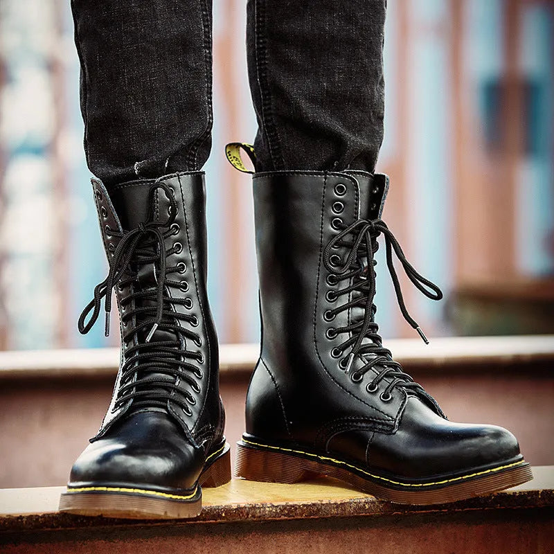 Men's leather lace-up casual shoes in black, brown, or wine red with round toe and flat heel