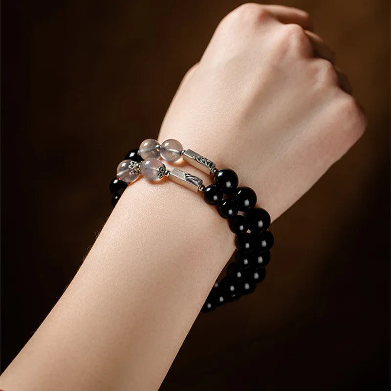 Obsidian Buddha beads DIY couple bracelet kit with 8mm and 10mm natural gemstone beads