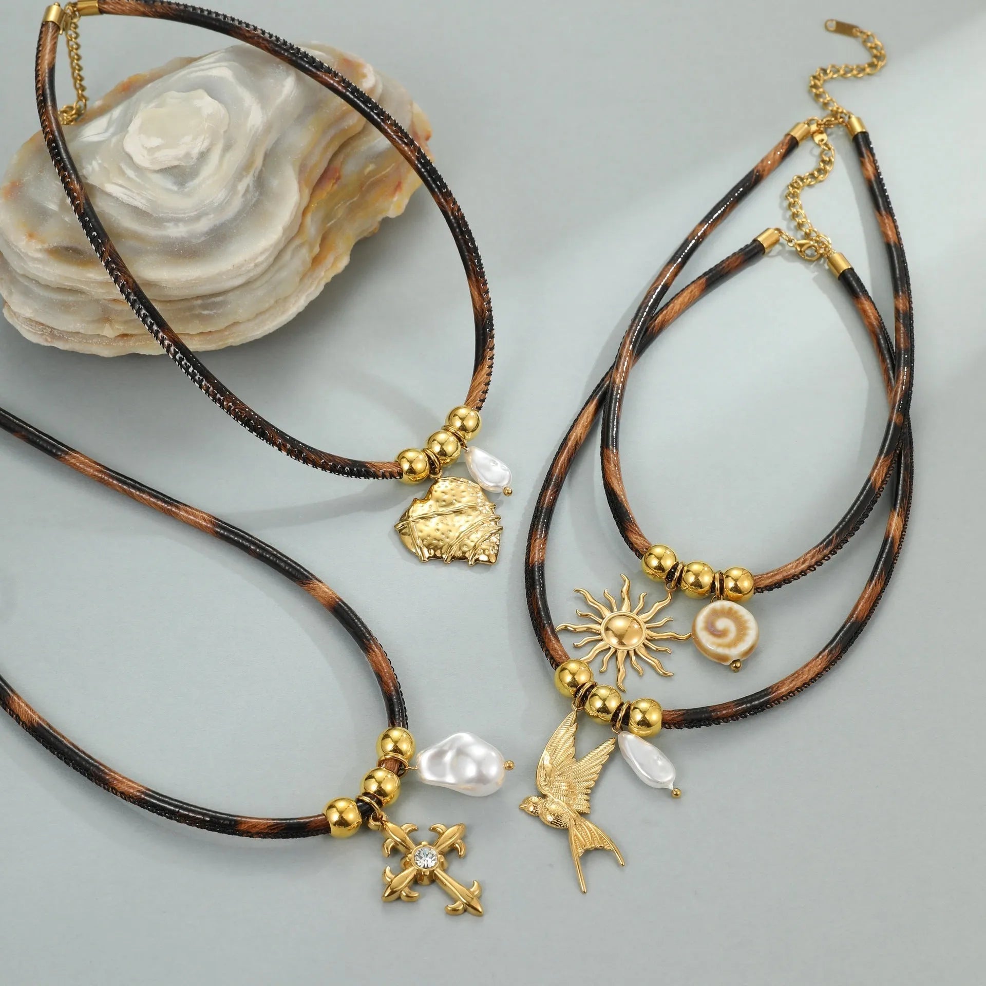 Geometric leopard leather pendant on stainless steel necklace with adjustable 41-50cm chain
