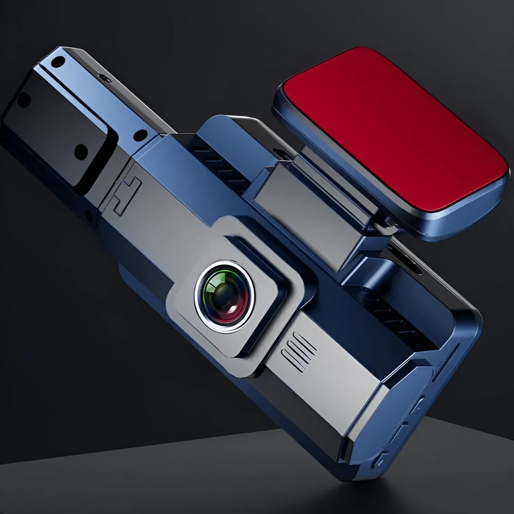 Front view of a car dashboard camera with a 3-inch screen mounted on a windscreen.
