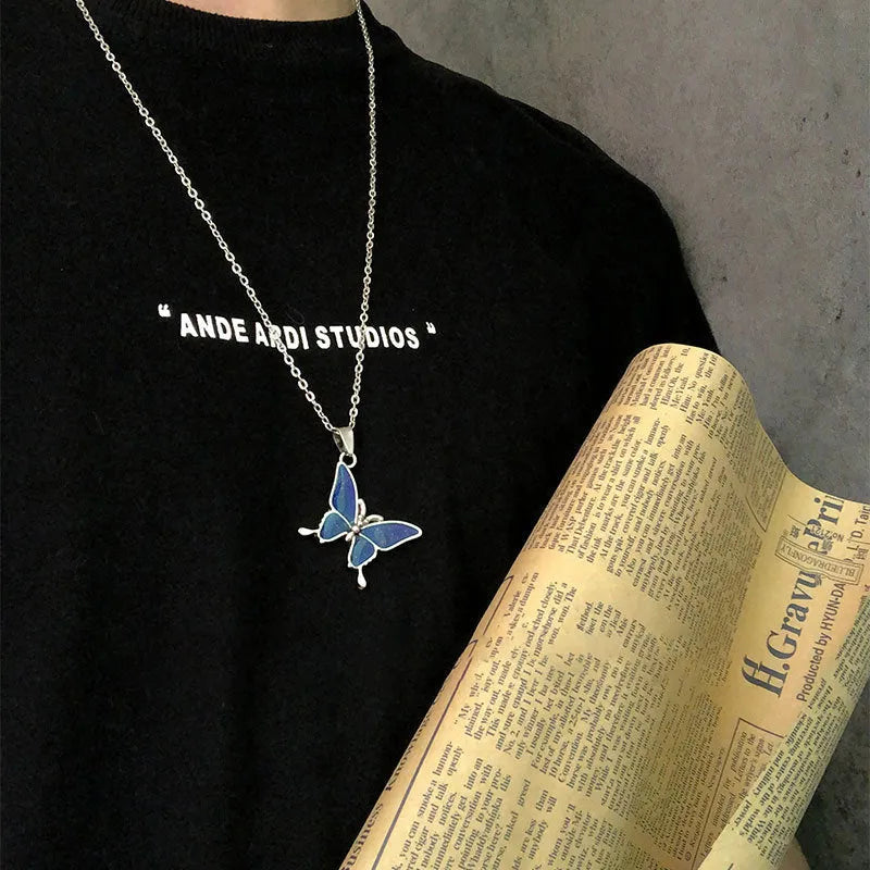 Retro colour-changing butterfly pendant on alloy O-ring chain