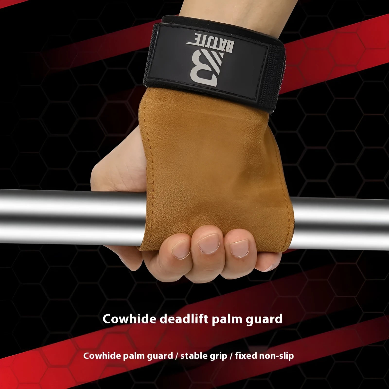Brown neoprene wrist protector with a wide adjustable strap, shown on a wrist next to a pull-up bar.