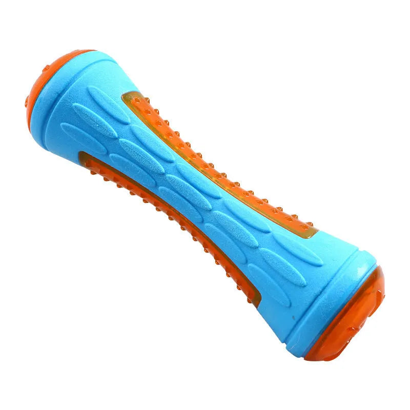 Set of three TPR dog toys: a blue ball, a red barbell, and an orange tyre with bumpy textures.