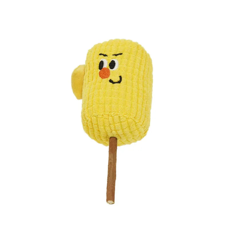 Natural corn cob and wood cat chew toy with catnip for dental hygiene, shown with dimensions 7cm by 6cm by 15cm.