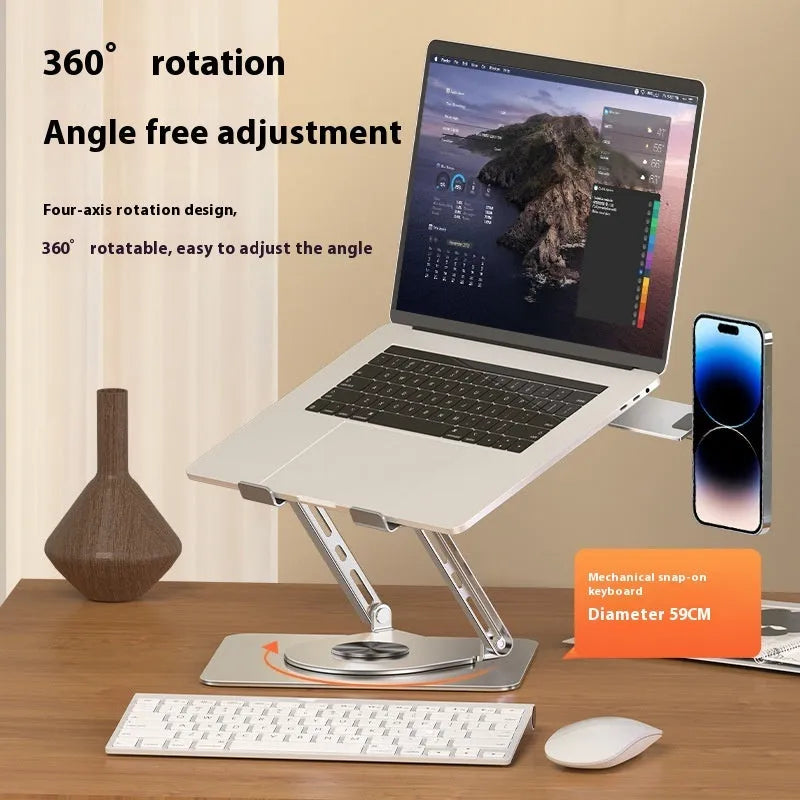 Silver carbon steel laptop stand with side-mounted magnetic phone holder for devices up to 17 inches