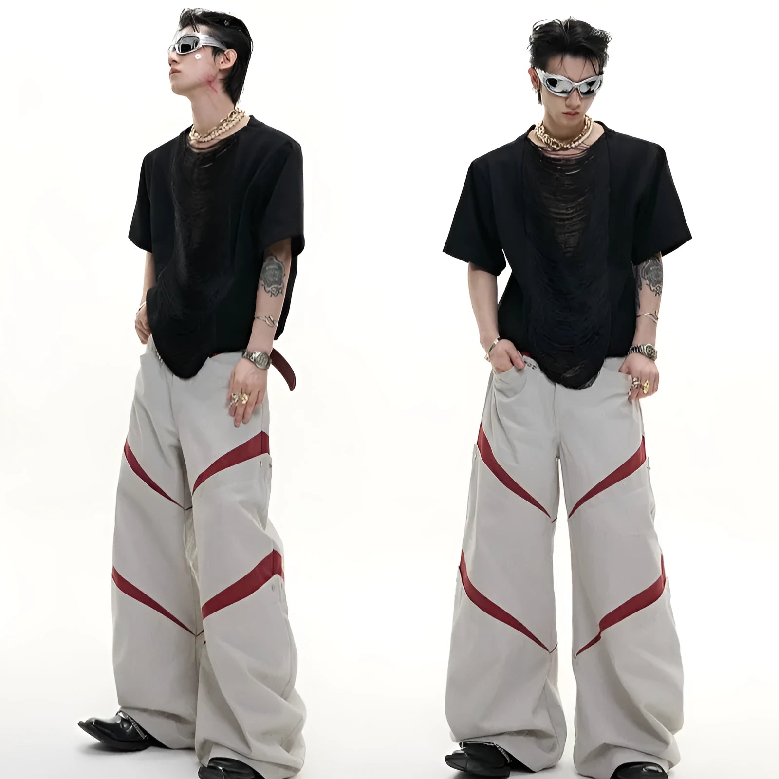 Men's black hollow out V-neck loose fit polyester T-shirt with tassel detail