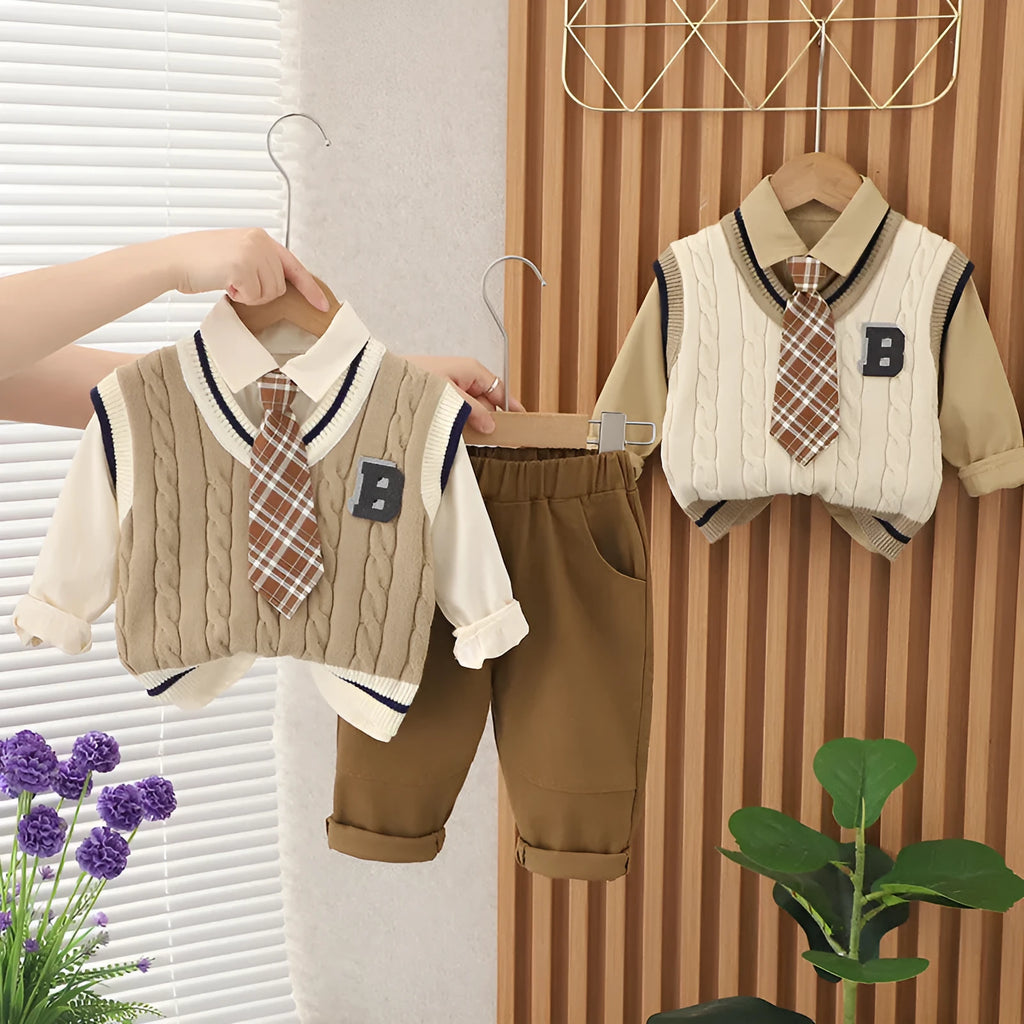 Boys cotton three-piece suit set with letter print blouse, trousers, and B-shaped sweater vest in beige