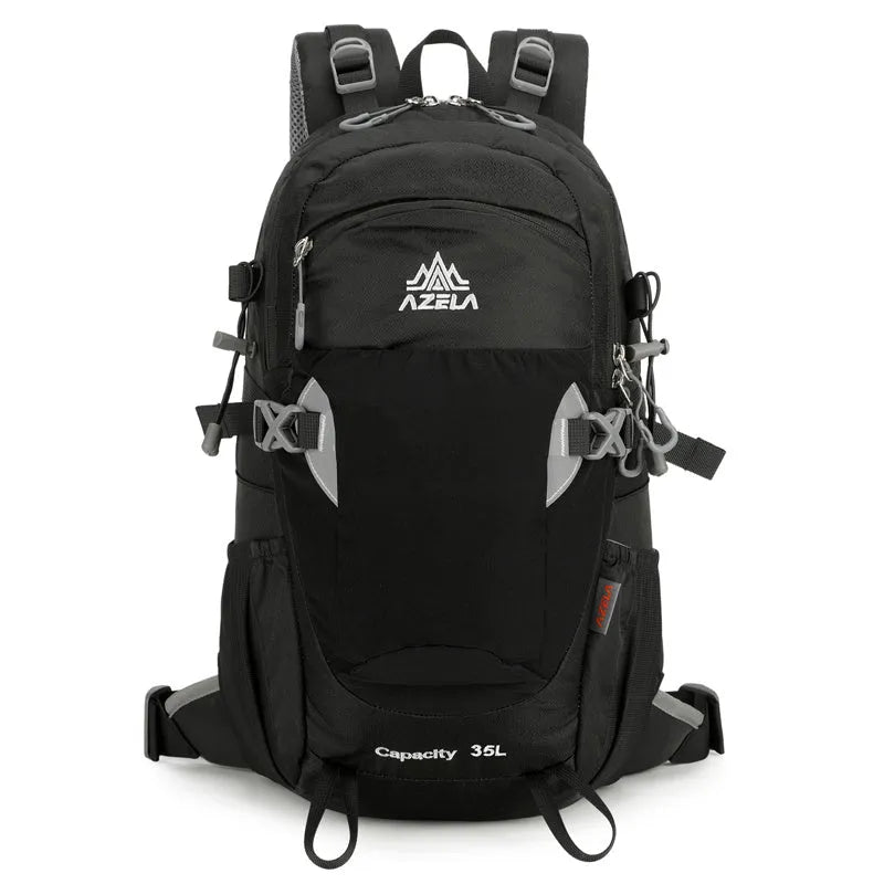 AZELA grey hiking backpack with adjustable straps on rocky trail outdoor setting