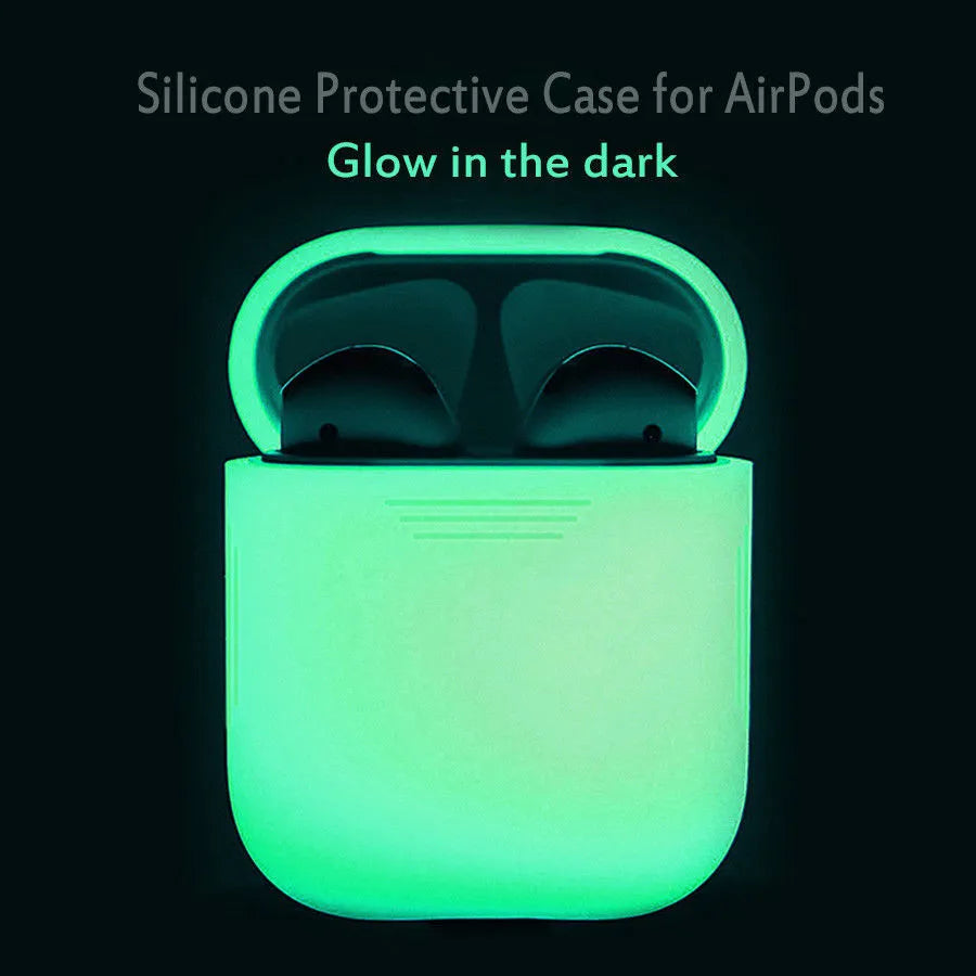 Glow-in-the-dark silicone flip cover case for Apple AirPods charging case on a dark background