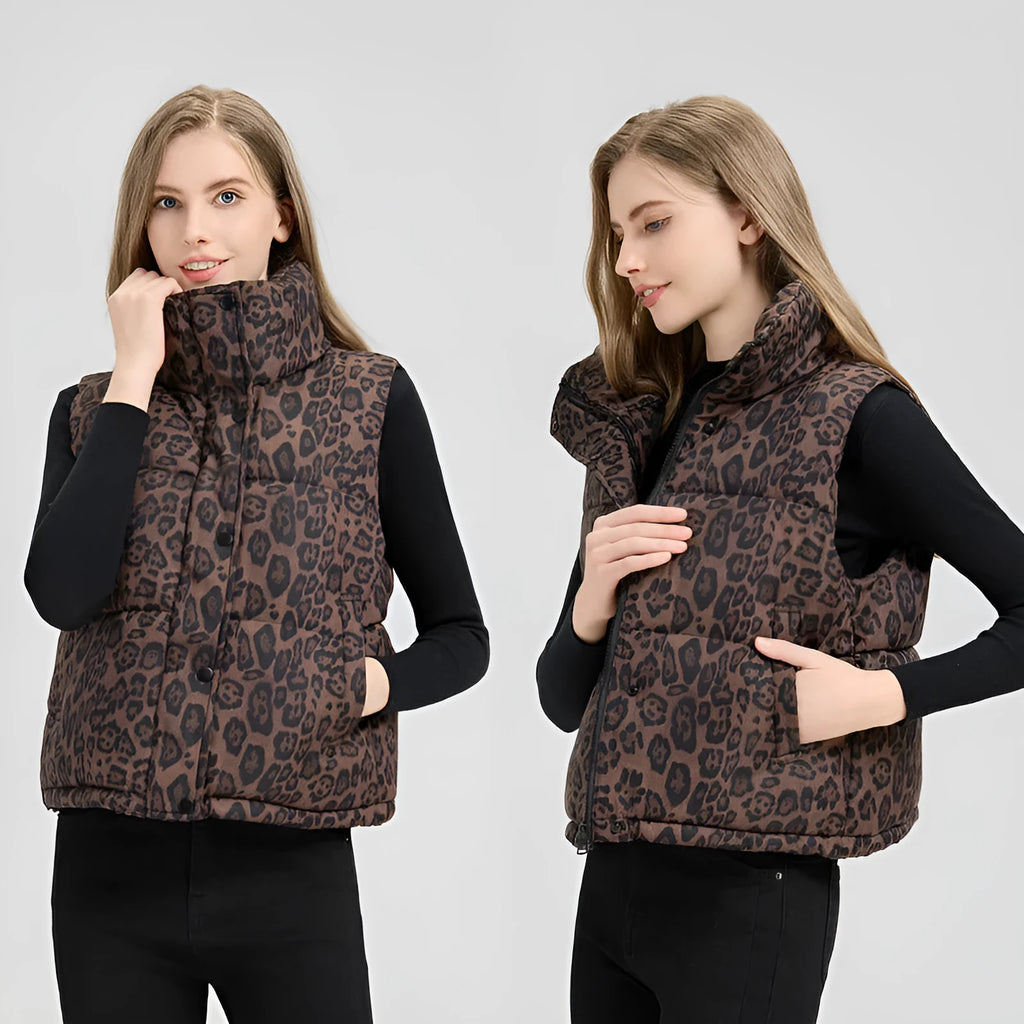 Leopard print stand collar loose fit thick polyester vest for women with pockets in khaki colour