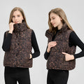 Leopard print stand collar loose fit thick polyester vest for women with pockets in khaki colour