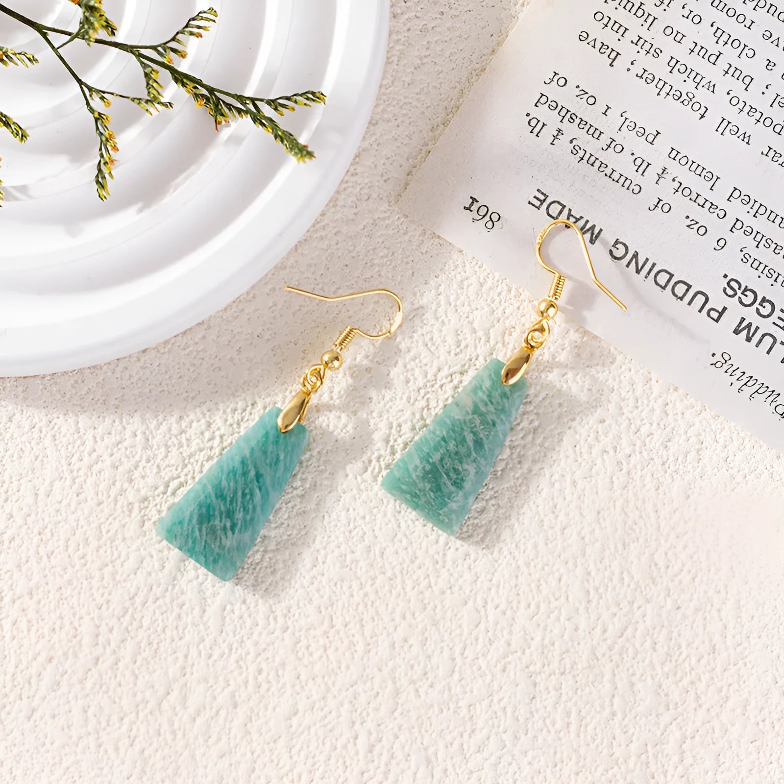 Amazonite rough stone trapezoid earrings with geometric octagon and quadrangle elements