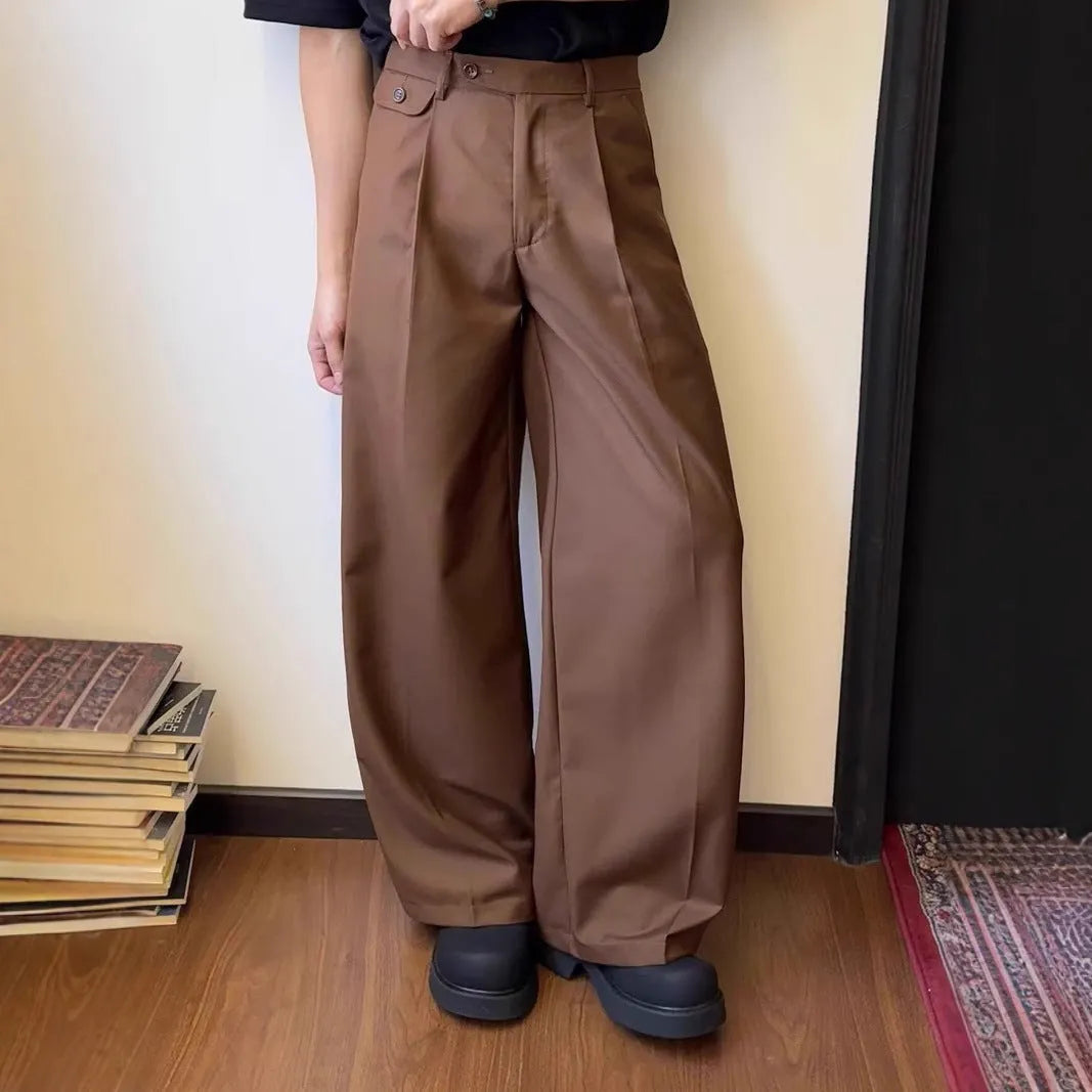 Men's solid colour drape casual trousers with straight-leg loose fit in polyester blend fabric