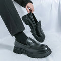 Men's chunky heel platform leather shoes in bright black with round toe and low tube design