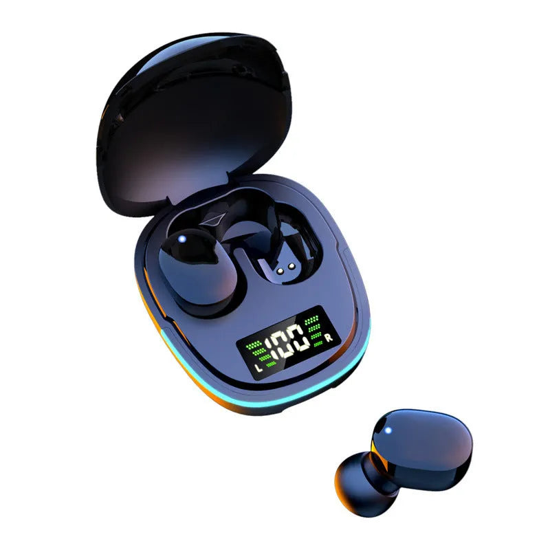 Black true wireless Bluetooth in-ear headphones with a compact charging case showing digital battery display.