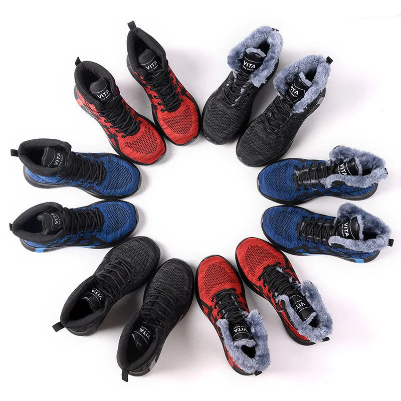 Winter plush safety boots for men with steel toe, anti-puncture sole, and lace-up design in black