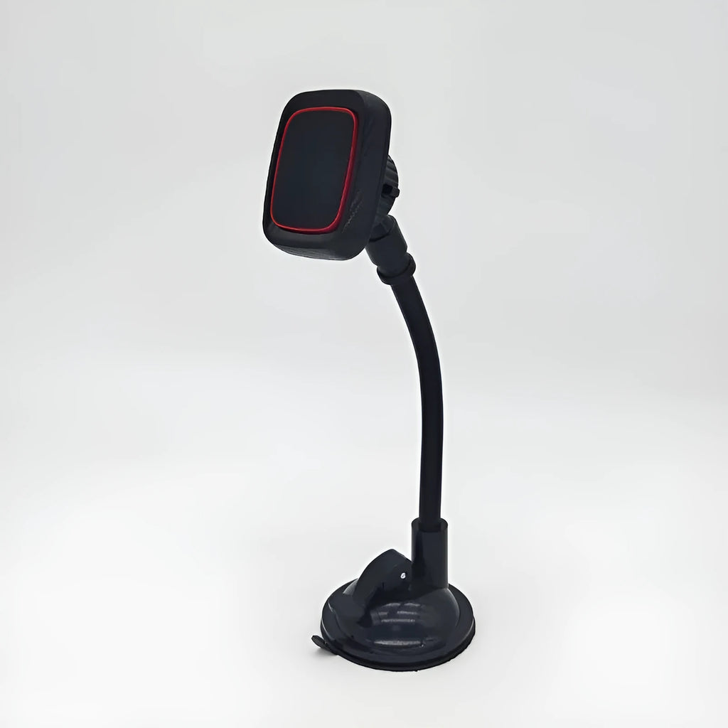Black flexible gooseneck air vent phone holder mounted on a car dashboard