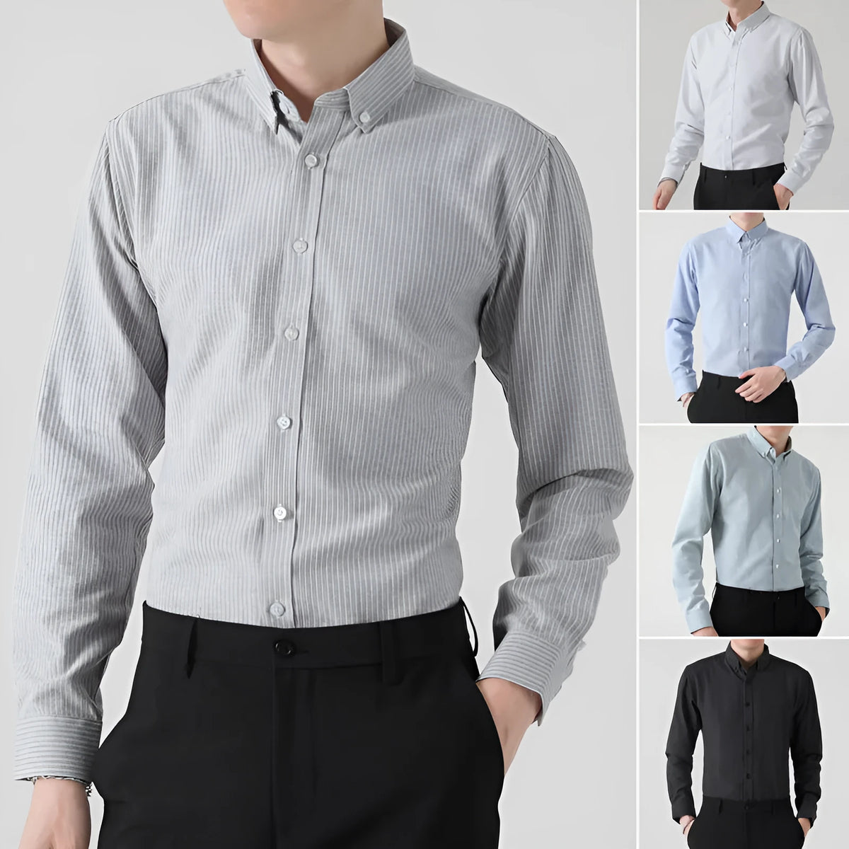 Casual men's long-sleeved striped Oxford cloth slim-fit cardigan shirt in blue