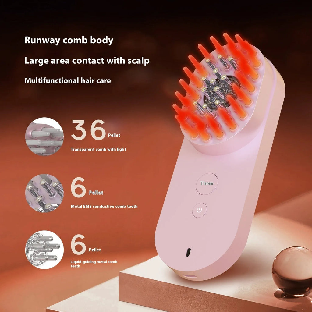 Smart massage comb hair care device with red light therapy function in pink or black colour