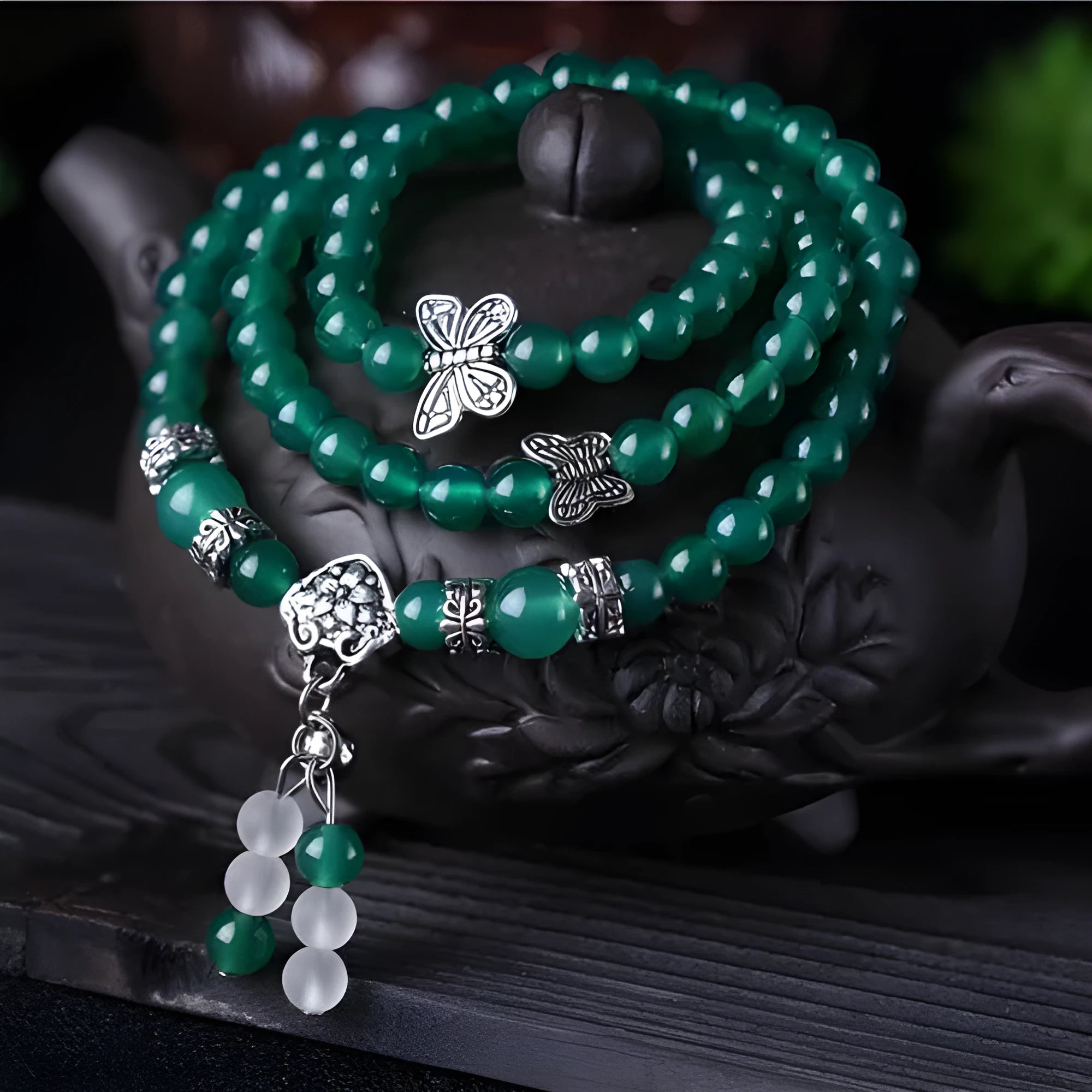 Women's green agate multi-layer bracelet with three circles of 6mm beads