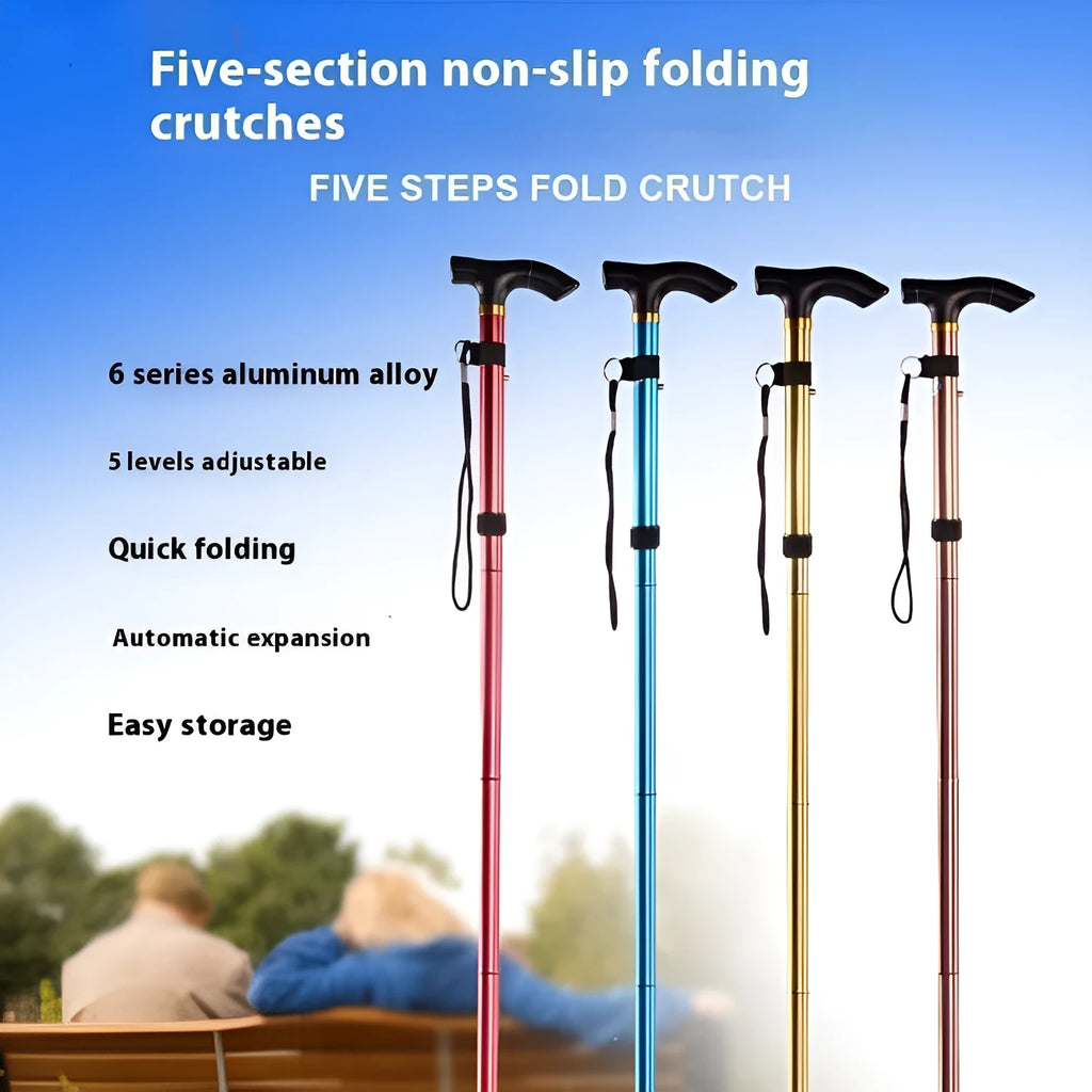 Aluminium alloy folding walking stick adjusted to mid-height, showing non-slip handle.