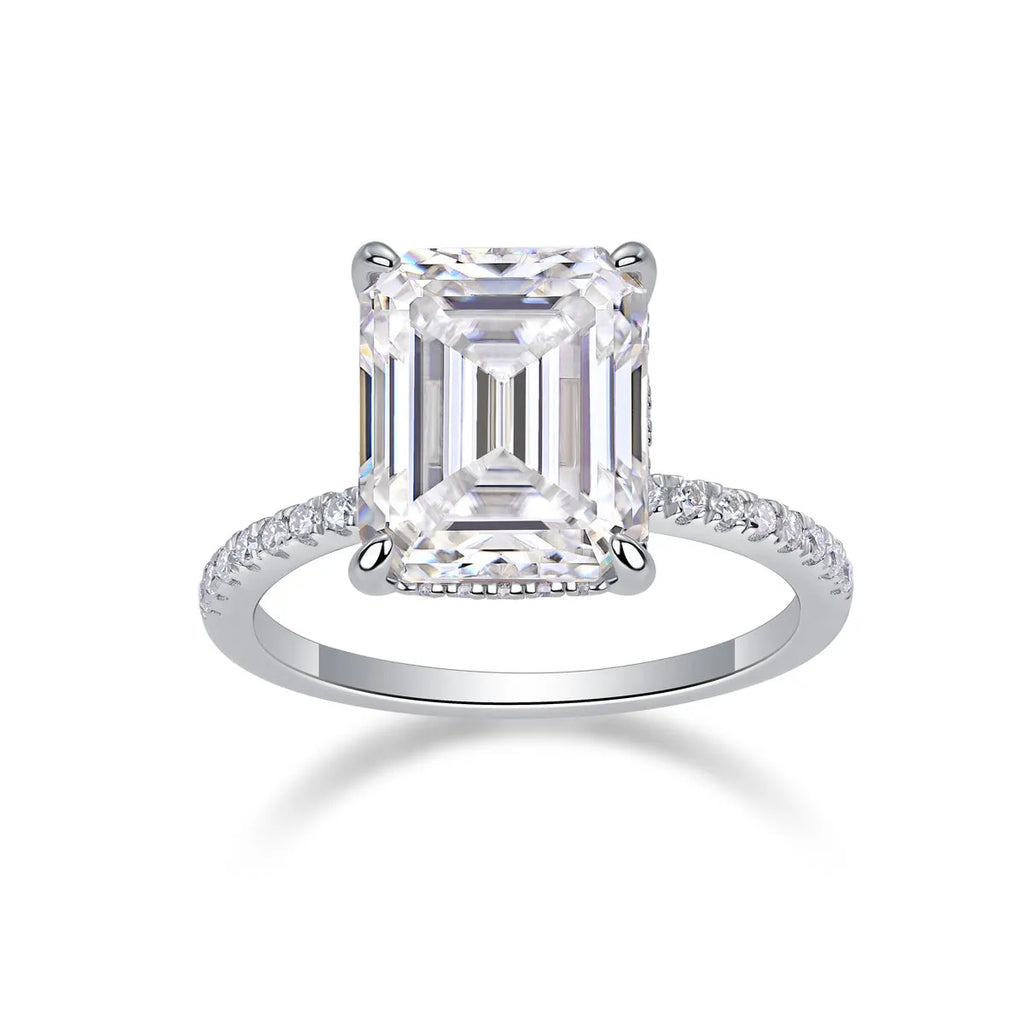 Octagonal moissanite wedding ring set on S925 silver band with platinum plating, size 7, gift box packaging
