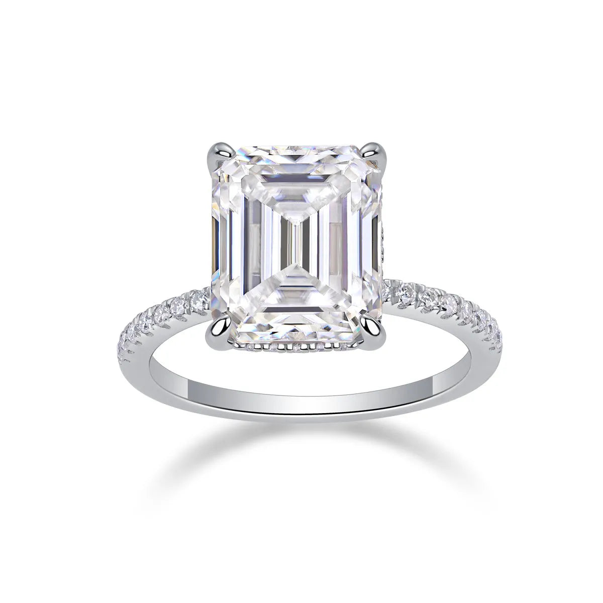 Octagonal moissanite wedding ring set on S925 silver band with platinum plating, size 7, gift box packaging