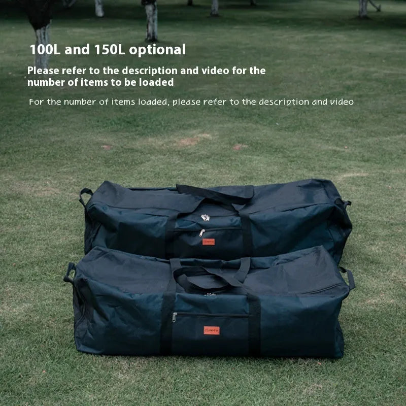 Green and grey waterproof storage bag for camping tents and folding chairs, shown with gear inside and folded compactly.