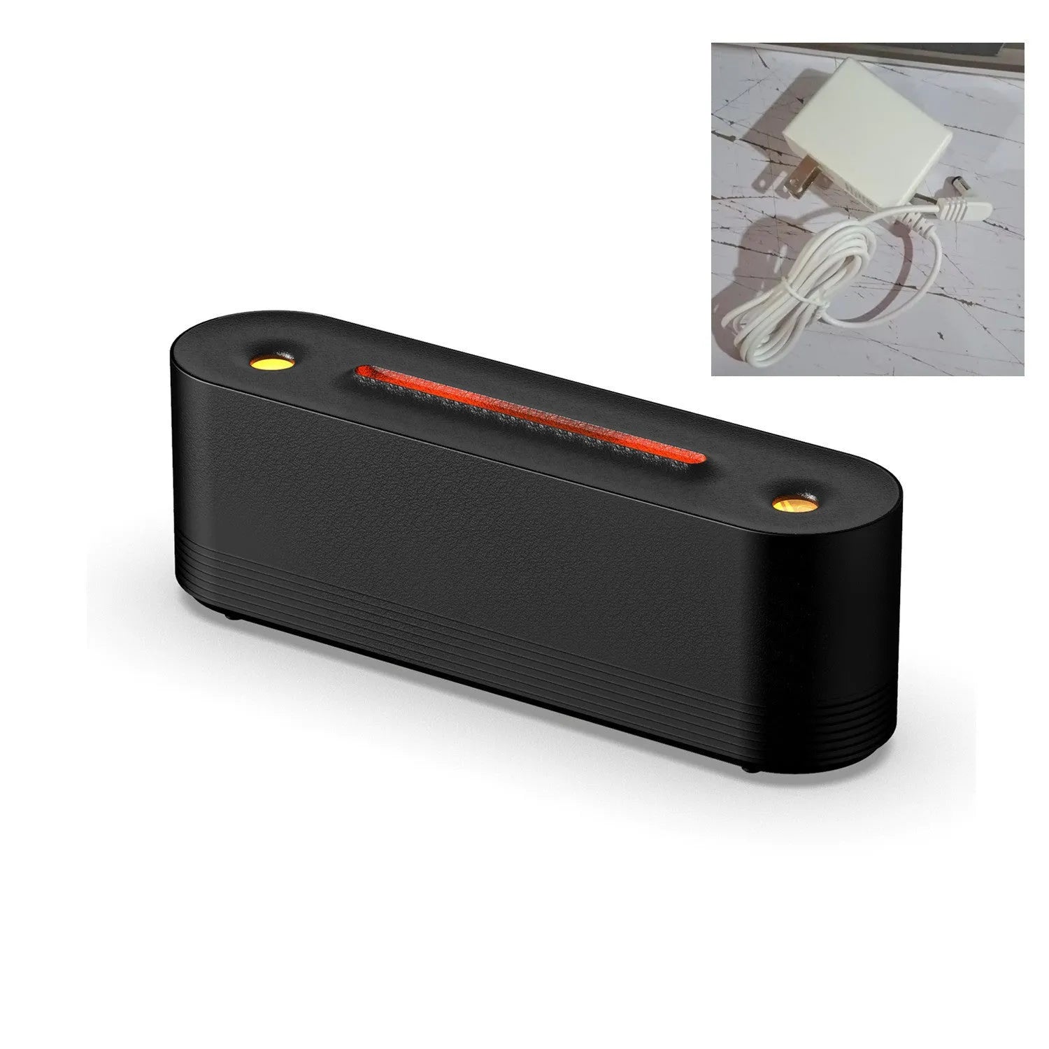 Black or white ultrasonic humidifier and aroma diffuser with LED lights creating flame mist effect.