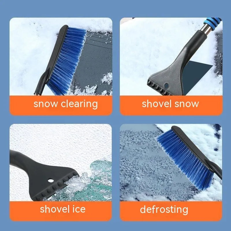 Yellow and blue telescopic car snow brushes with long handles for winter vehicle defrosting