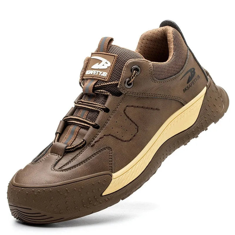 Flyknit leather safety work shoe with rubber sole, shown in available colours.